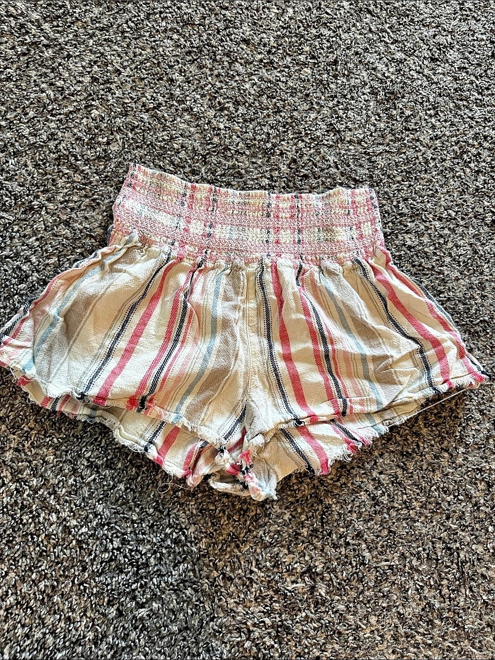 REWASH Striped Smocked Linen Blend Shorts Pink & Cream XL